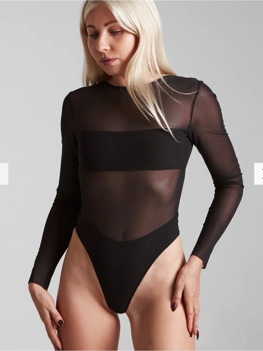 NWT Harna Sheer Long-Sleeve Black Matte Mesh Bodysuit - Picture 3 of 5